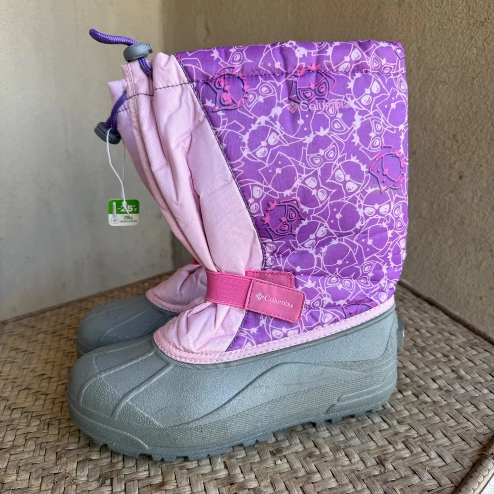 Columbia Powderbug Plus II Snow Boots Purple Pink Owl Print Girls Sz 6 Like New